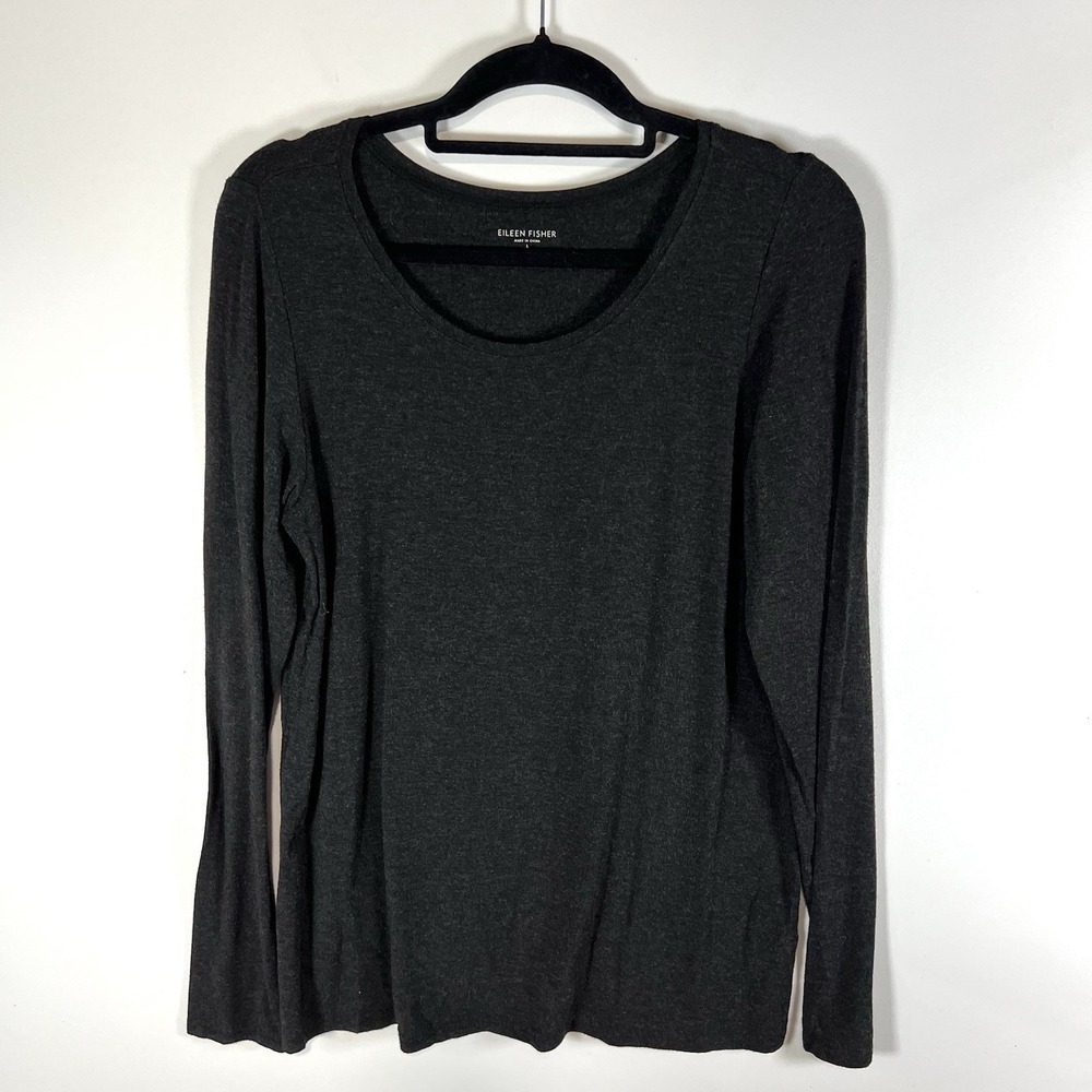 Eileen Fisher Top Womens Large Charcoal Gray Stretch Scoop‎ Neck Long Sleeve